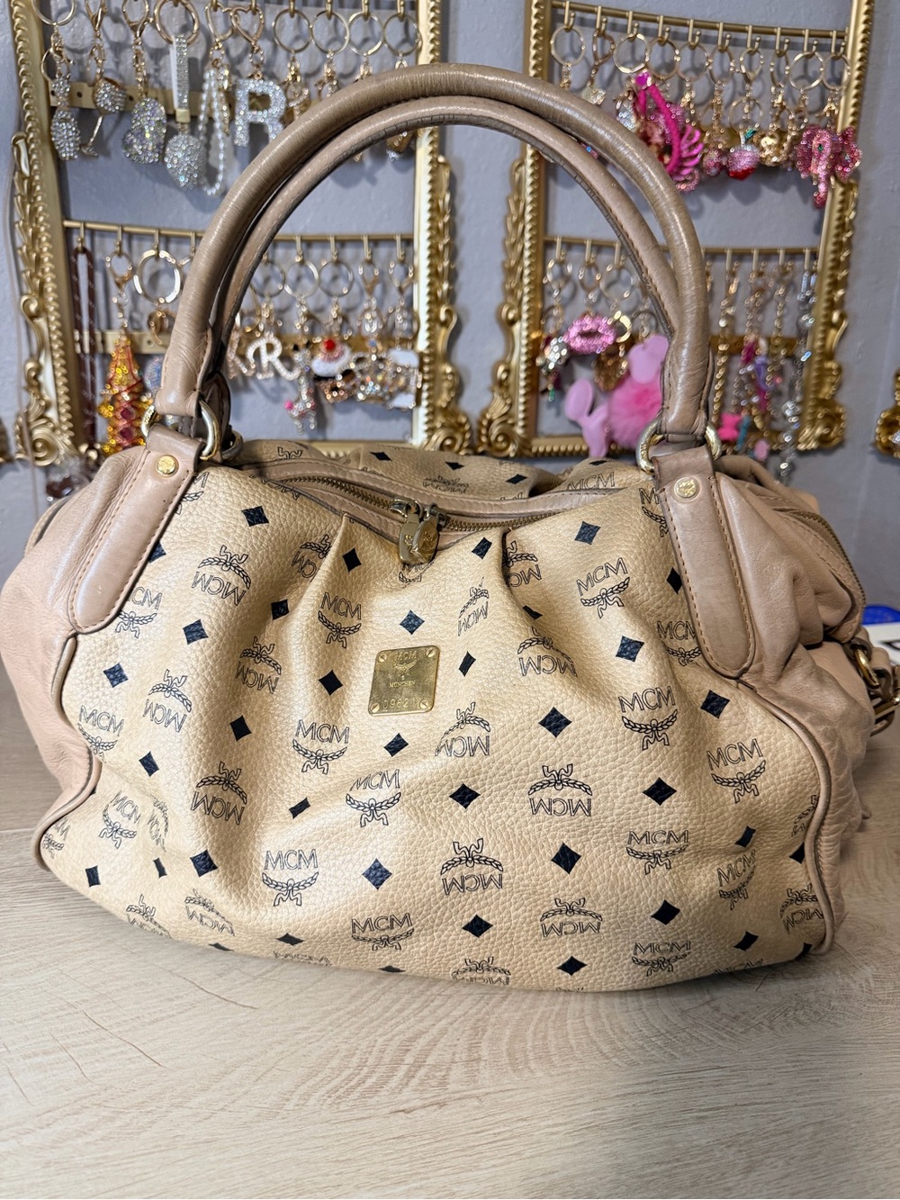 MCM Beige Visetos Logo Dome Satchel with Gold Hardware